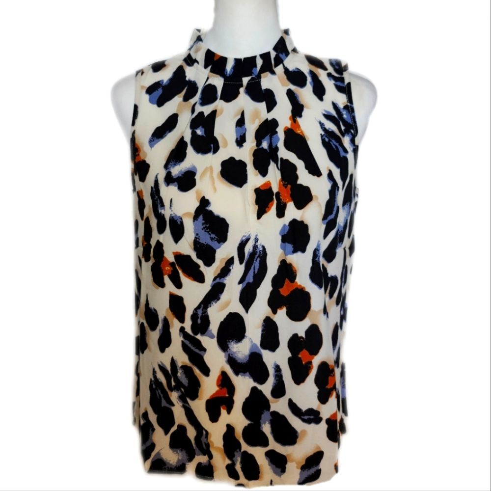 5/$55 Ruffle Neck, Sleeveless, Cream & Black Blue Rust Animal Print Blouse, S